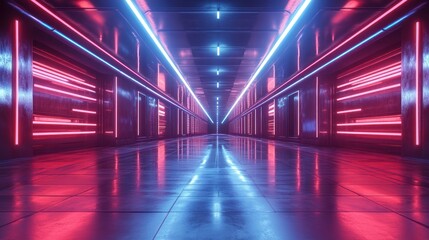Fototapeta premium Futuristic neon corridor, sleek metal, vibrant lights, empty space, photo stock