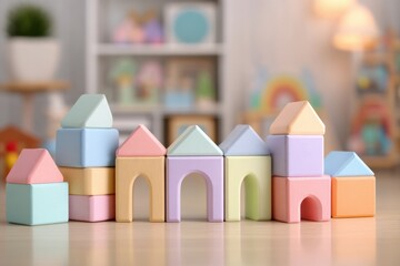 Colorful Wooden Building Blocks Arranged on Table in Bright Playroom Setting