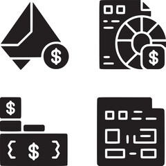 Four black and white finance related icons including envelope chart and money symbols in a grid layout