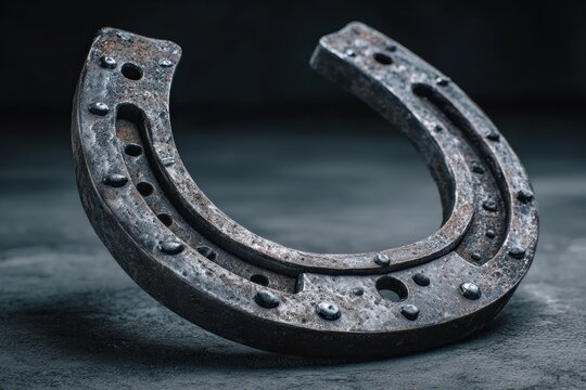 Close-up of a classic metal horseshoe on a dark surface, showcasing its details and vintage charm - Powered by Adobe