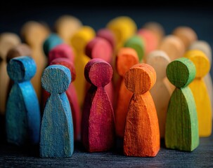 Colorful Wooden Peg People Arranged in a Group on a Dark