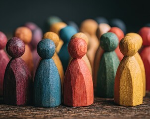 Colorful Wooden Pegs Arranged in a Group on a Rustic Wooden