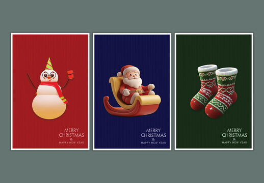Merry Christmas and Happy New Year Greeting Cards Template Set in Three Color Options.