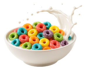 A shallow white bowl filled with colorful fruit loops and a splash of milk.