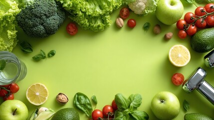 Bright green veggies and fruits are neatly placed on a vibrant lime surface, highlighting health and freshness
