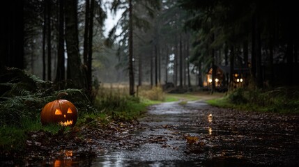 A sleek sports car is parked on a dimly lit street with scattered leaves and a glowing jack-o'-lantern nearby, creating an autumnal vibe