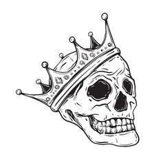 Sketch of human skull with crown. Hand drawn ink vector illustration of human bones. Linear graphic elements cranium for design isolated on white background.