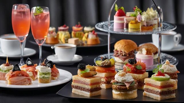 Culinary Delight: An elegant assortment of bite-sized culinary creations, from delicate sandwiches to colorful cakes, presented on tiered platters. Paired with refreshing cocktails.