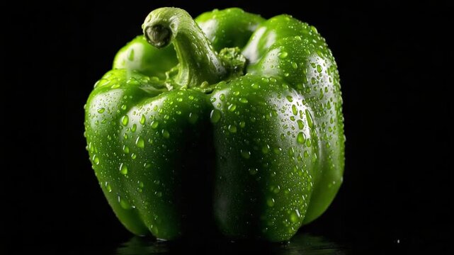 Vibrant Green Bell Pepper: Capturing the freshness and vitality of a pristine green bell pepper. Every droplet glistens, painting a vivid tableau of natural, unadulterated flavors and textures.