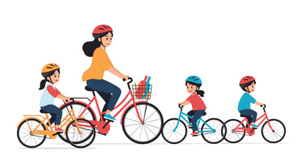 Fototapeta premium A mother and her children enjoy a bike ride together on a sunny day.