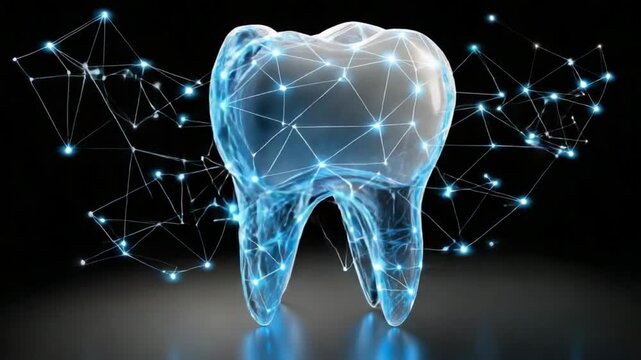 Digital Dental: A futuristic depiction of a tooth overlaid with a digital network, symbolizing innovation in dental technology and care.