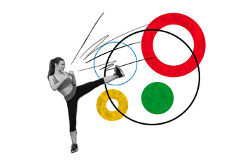 Composite collage image of young female kick fighing karate olympic games sport event concept billboard comics zine minimal