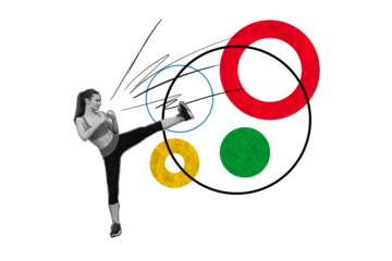 Composite collage image of young female kick fighing karate olympic games sport event concept billboard comics zine minimal