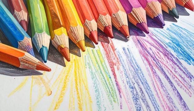 Array of colored pencils and scribbled colored marks on white - Powered by Adobe