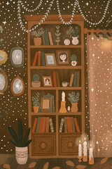Bookshelf with Candles and Garland — Cozy Home Illustration