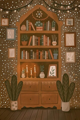 Bookshelf with Candles and Garland — Cozy Home Illustration