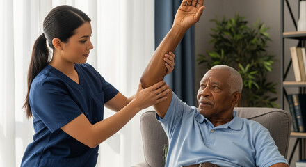 Obraz premium A dedicated female nurse assists an elderly African American man with physical therapy, helping him with arm stretching exercises for rehabilitation