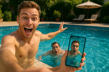 Excited white adult men taking selfie while swimming in pool, capturing moment of joy and surprise on smartphone. Concept of summer fun, friendship, and digital memories