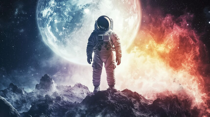 Astronaut before giant planet in space between fire and ice