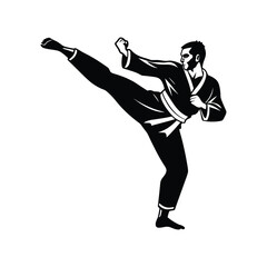 Martial Arts Kick Dynamic Monochrome Karate Stance Illustration