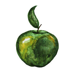 A bright green apple sits alone on a plain background, showcasing its shiny surface and detailed leaf. This playful watercolor captures the essence of freshness and simplicity.