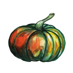 This colorful pumpkin displays a mix of green and orange tones. Its smooth, rounded shape suggests ripeness, making it perfect for autumn decorations or culinary use.