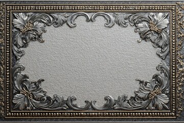 Obraz premium Antique metal frame featuring silver floral and rococo embossing with a textured background