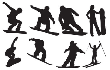 Dynamic Snowboarders and Skier Silhouettes Set for Winter Sports Design