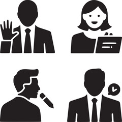 Four black and white icons depicting business people in various actions and communication styles shown