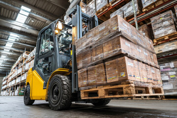 Naklejka premium Forklift transporting crated goods, organizing inventory in large distribution warehouse