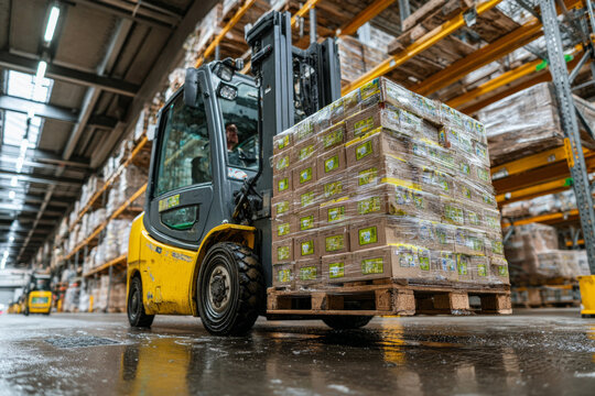 Forklift driver transporting cardboard boxes on a pallet, managing logistics in a storage facility