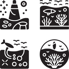 Collection of four aquatic themed icons featuring fish, coral, and lighthouse in black and white style