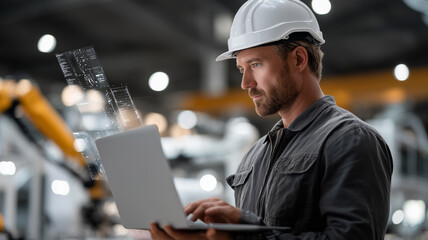 Engineer in a white hard hat operating a laptop in a smart factory