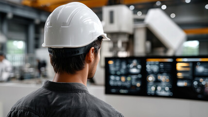 Rear view of a light-skinned industrial engineer in a hard hat observing advanced digital dashboards in a smart factory
