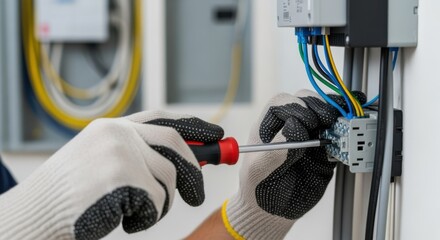 Hands holding insulated screwdriver securing connections on a wholehouse surge suppressor unit during a residential electrical upgrade.
