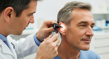 Otolaryngologist performing a detailed ear examination on a mature male patient using an otoscope to check for hearing loss or infection