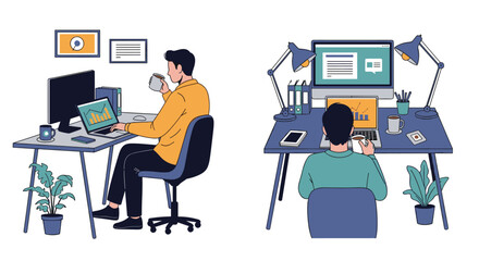 Naklejka premium Two people working at their desks with computers and plants.