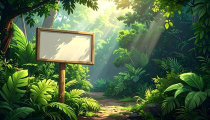 Blank sign in lush green jungle, inviting path