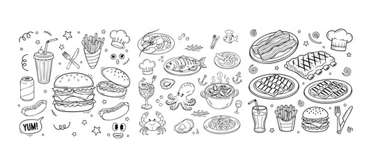 Hand-drawn doodle style restaurant vector illustration set with burger, steak, pizza, and drinks, perfect for menu design, posters, and cafe branding