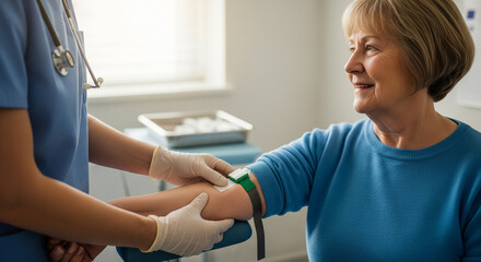Obraz premium Professional nurse preparing a senior female patient for a blood test in a modern clinic, applying a tourniquet for venipuncture