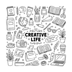 Hand-drawn doodle style stationery vector illustration set with pencils, pens, notebooks, and art supplies, perfect for posters, packaging, and educational designs