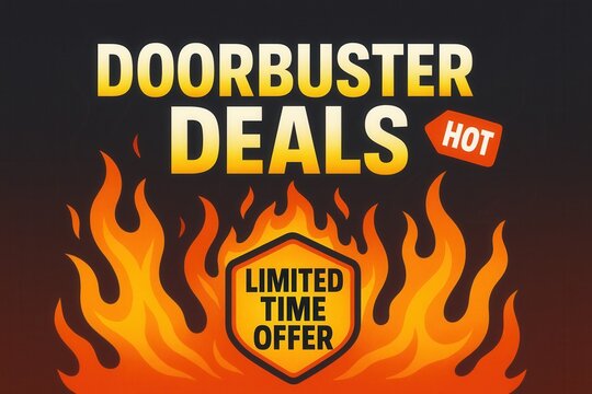 DOORBUSTER DEALS and HOT LIMITED TIME OFFER banner, vibrant flame style, attention-grabbing retail discount promotion.