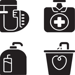 Black and white icons representing hygiene and medical related items on a white background surface