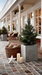 Fototapeta premium Holiday decorations featuring gold stars and lush plants are arranged along a quaint street, inviting warmth and cheer to passersby