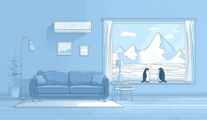 Cozy living room with large window overlooking snowy mountain landscape and penguins