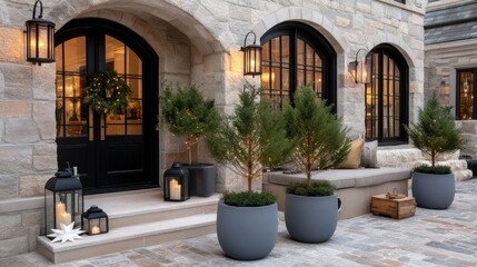 Fototapeta premium Holiday decorations featuring gold stars and lush plants are arranged along a quaint street, inviting warmth and cheer to passersby