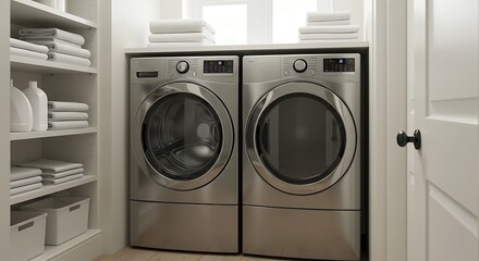 Modern Laundry Room with Front Loading Washing Machine and Dryer in Bright White Space