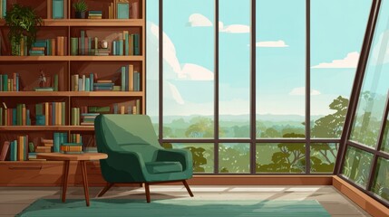 Cozy reading nook with a green armchair and large window overlooking nature