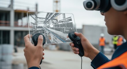 Hands holding AR controller manipulating BIM overlay on headset screen enabling detailed examination of building components during site walkthrough.
