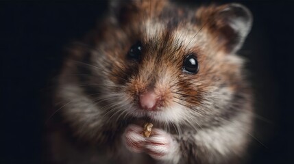 ro portrait of a cute hamster holding a seed in its paws with a dark blurred background